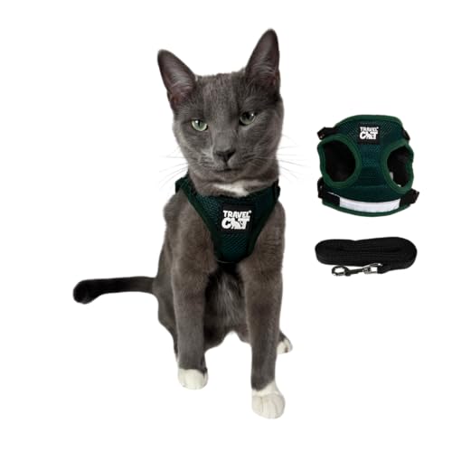 Travel Cat The Emerald Explorer Limited Edition Green Harness and Leash Set - Adjustable Fit Mesh Cat Harness with Reflective Strap - Escape Proof Harness for Cats, Kitten (Emerald, Medium)