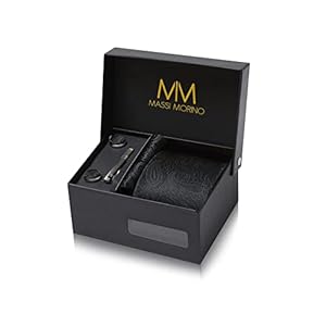 Massi Morino Krawatte mit Einstecktuch Set Herren inkl. Manschettenknöpfe, Krawattennadel und Geschenkbox – Männer Krawattenset zur Hochzeit