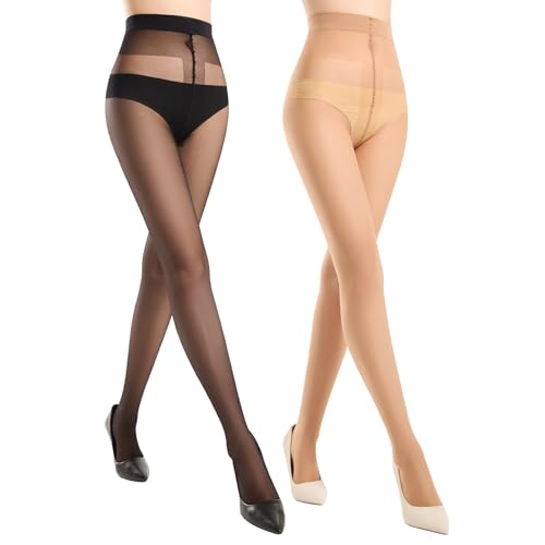 MANZI 2 Pairs Sheer Tights for Women T-Crotch Ultra Thin 20D Reinforced Pantyhose High Waist Stockings