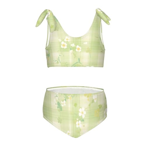 KLL Green Plaid Girls Two Piece Bikini Sets Quick-Dry Swimsuit Swimming Suits Adjustable Shoulder Strap