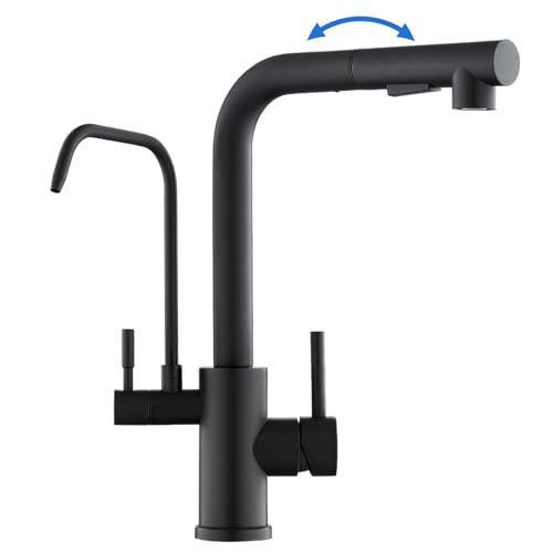 ROVOGO Mitigeur Robinet d'Évier de Cuisine Noir 3 Voies à Eau Filtrée en Acier Inoxydable 304, Douchette Extractible à 2 Modes, 2 Manches pour Eau...