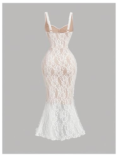 GORGLITTER Women's Lace Bodycon Fishtail Midi Dress Graduation Prom Wedding Guest Y2K Ruched Asymmetrical Summer Dress2