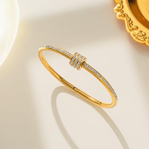 18K Gold Plated Cubic Zirconia Bracelet for Women, Lucky Bead Crystal Bangle Bracelet Retro Love Cuff Jewelry Birthday Gifts3