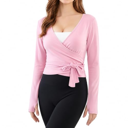Image of Baisdan Women Pilates Wrap Top Long Sleeve Ballet Yoga Tops Deep V Neck Tie Front Workout Shirts Y2K Gym Activewear Pink M