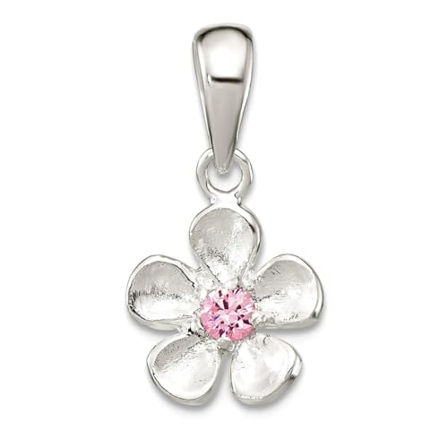 Pendentif fleur en argent sterling 925 poli et brossé avec gemme rose CZ