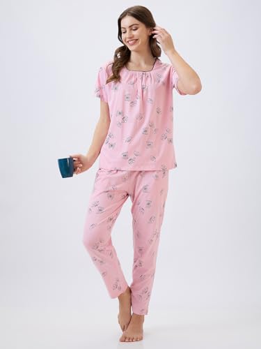 Image of AV2 Women's Cotton Printed Short Sleeve Night Suit Set | Pajama Set | Casual Night Dress for Women | Airport Look Coord Set -2128