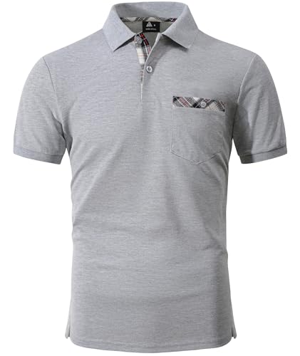 geeksport Polo Hombre Golf Manga Corta Color Contraste Cuadros Elegante Transpirable Slim Fit Camiseta de Polo Verano Negocios con Bolsillo en el Pecho para Homb(Gris L)