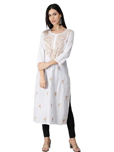 Image of Seva Chikan Hand Embroidered Lucknowi Chikankari Regular Straight Cotton Kurta Kurti for Women SCL4243