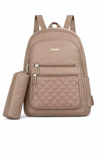 Mochila Feminina Escolar com Estojo Reforçada Trabalho Faculdade Juvenil Impermeável (Marrom Claro)