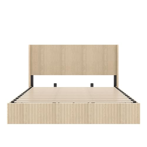 Image of Ball & Cast King Size Lift Up Storage Bed Frame with Wingback Headboard,Wooden Grooved Undulating Platform Bed Frame King with Hydraulic Storage,No Box Spring Needed,Oak