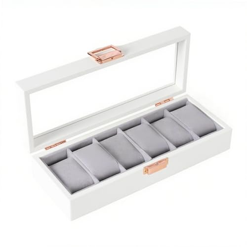 ZYKEJJDDAK Joyero de lujo de cuero y madera con parte superior de cristal, bordes reforzados y compartimentos de almacenamiento de relojes multicapa, caja de almacenamiento de múltiples compartimentos