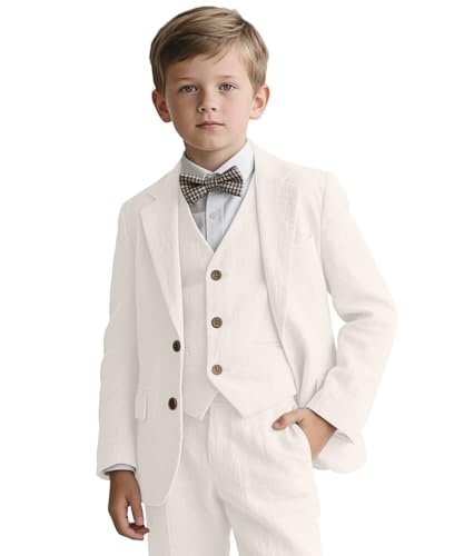 Ivory Boy Suits Size 6 Kids Tuxedo Suit for Boy 3 Piece Boys Linen Suit Set for Beach Wedding