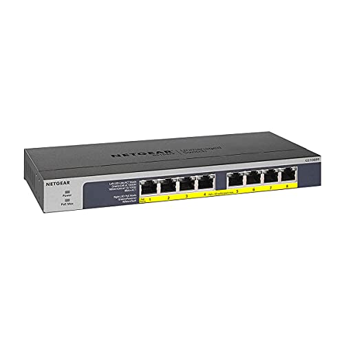 NETGEAR (GS108PP) Switch Ethernet PoE+ 8 Ports RJ45 Métal Gigabit (10/100/1000), switch RJ45 avec 8 Ports PoE+ à 123W Upgradable, Position Bureau, mur ou...