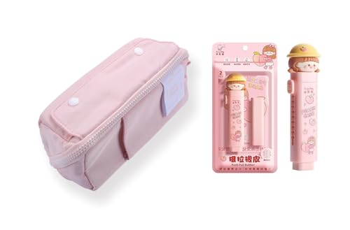 Image of WORSHIPER Kawaii Cute Pencil Pouch with Push Pull Eraser Set for Kids | Premium Canvas Zipper Stationery Organizer Box with Cartoon Design | Gift Combo for Boys & Girls (Soft More Pink + Earser)