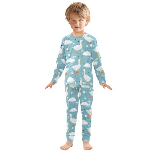 Cartoon Pajamas Set White Duck Pattern Teal Long Sleeve PJs Cotton Jammies Sleepwear Top and Pants3
