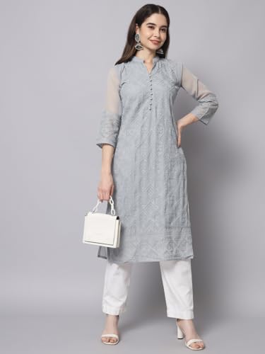 Image of Ekasya Women's Georgette Embroidered Work Kurta with Notch Neck 3 /4 Sleeves Straight Cut Calf Length | E1547