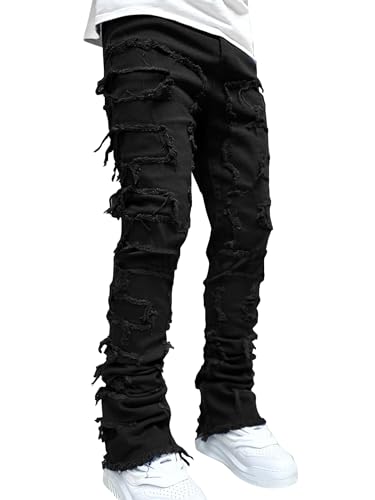 Ytfsrukp Mens Black Stacked Jeans Slim Fit Ripped Jeans Destroyed Straight Denim Pants Harajuku Hip Hop Trouser Streetwear4
