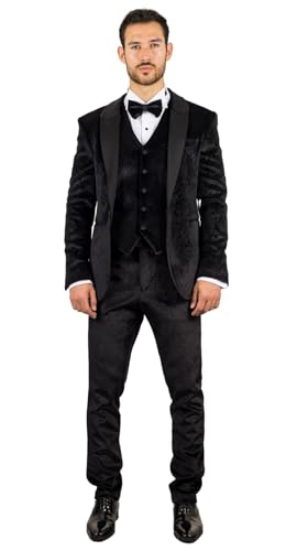 Men's Suit 3 Piece Black Velvet Paisley Shawl Collar Tailored Fit Wedding Tuxedo