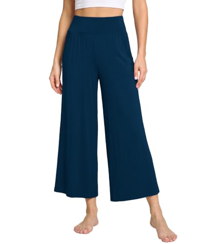 Image of GYS Bamboo Viscose Wide Leg Gaucho Cropped Pants, High Waist Capris Cloud-Soft Pajama Pants with Pockets, Flowy Yoga Pants