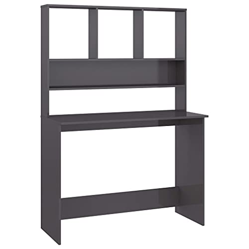 POUFGDR Schreibtisch mit Regalen in Hochglanz Grau, Büro Schreibtisch mit Stauraum und modernem Design, Hochglanz Grau 110x45x157 cm