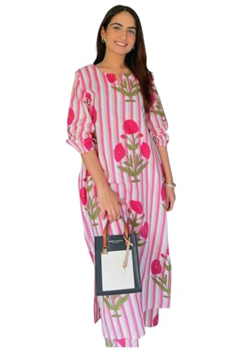 Ensemble kurta en viscose rose haut de gamme avec finitions coutures et motifs floraux