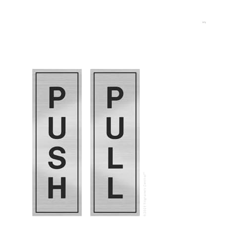 Vertical Engraved Silver Push Pull Door Sign Set - Great for Glass Doors | Professional Looking Signs | Easy Installation Includes Double-Sided Adhesive Tape - Large Cover