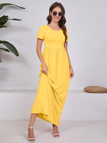 DEARCASE Maxi Dress for Women Bright Yellow Medium Crewneck Short Sleeve Sundresses Wedding Guest A-line Casual Loose Party Vintage Spring Summer Vacation Flowy Beach Long Dresses with Pockets — view 4