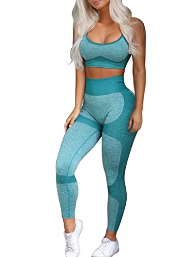 OQQ Trainings-Outfits für Frauen, Workout, 2-teilig, nahtlos, hohe Taille, Leggings mit Sport-BH, Yoga-Set, Dunkelgrün 2, Small Cover