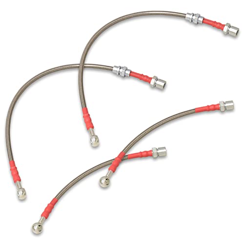 AJP Distributors Silver Stainless Steel Braided Oil Disc Brake Lines Hoses Cables Kit 4PCS Front & Rear Set Compatible/Replacement For Corolla AE98 E90 4AGE JDM 1988 1989 1990 1991 1992 88 89 90 91 92