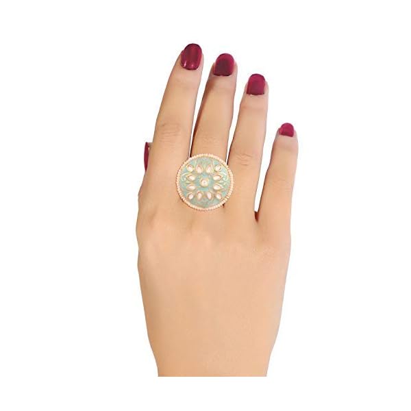 Peora Traditional Gold Plated Meena Work Kundan Pearl Adjustable Ring for Women Girls - Image 6