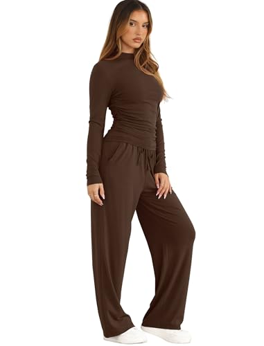 SAMPEEL Two Piece Lounge Set for Women 2 Piece Fall Outfits 2025 Mock Neck Ruched Tops Wide Leg Pants Travel Airport3