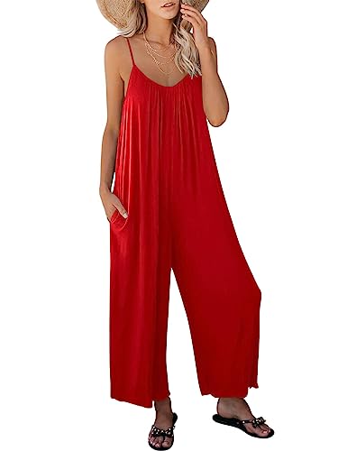 Image of ANRABESS Women Jumpsuits 2026 Casual Sleeveless Spaghetti Strap Boho Wide Leg Rompers Summer Outfits Beach Vacation Clothes