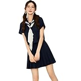 [Snughom] 高温圧褶加工 セーラー服 大きいサイズ プレ用 長袖三本線ブラウス+プリーツスカート 大人女性向け 型崩れ防止 (XS-5XL) 学校/日常着用 半袖トップスとスカートのセット（白い三角スカーフ付き） XS