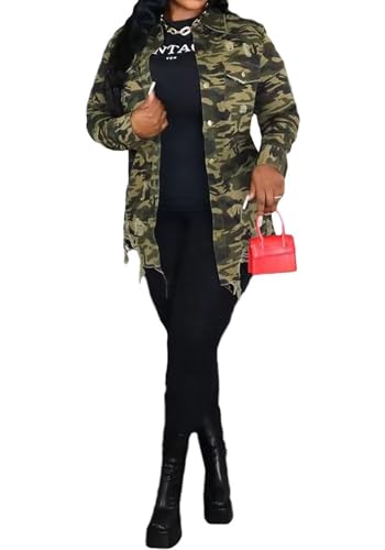 Women's Camo Button Boyfriend Jackets with Pockets Distressed Army Fatigue Casual Long Sleeve Ripped Coat Outerwear