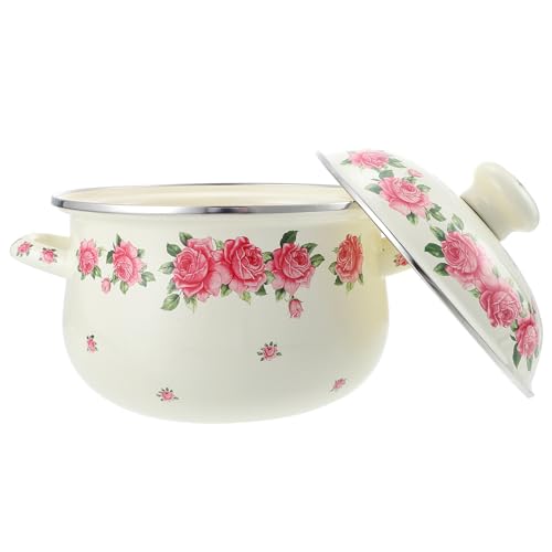 HEALEEP Olla de Cocina Esmaltada Retro Tapa y Doble Asa, Olla para Estofado Resistente al Calor, 20 Cm Color Rosa Diseño de Flores, Adecuado para Guisar y Sopas en Hogar