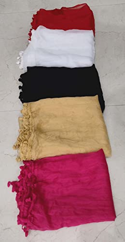Image of YOUTHQUAKE Women's Solid Casual Dailywear Faux Chiffon Multi Color Dupatta With Pum Pum Lace (Set of 7)