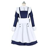 HOLRAN Women's Blue Maid Cosplay Costume Dress Party Outfit Navy blue dress apron with bow and headwear (Medium, White)