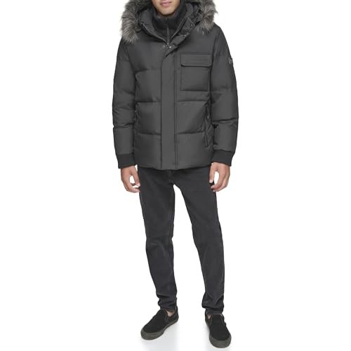 Andrew Marc Men's Mid Length with Rib Knit Bib and Faux Fur Trim Hood, Black, Medium by Andrew Marc - Used condition - US$82.09