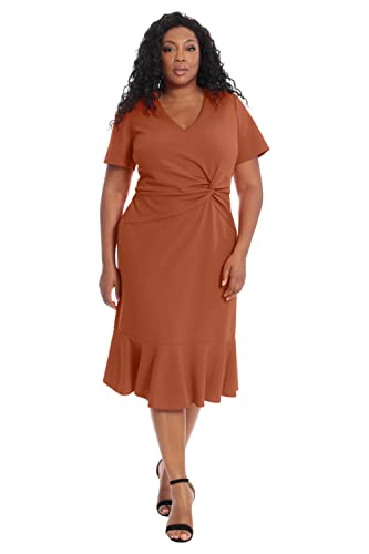 Image of London Times Women's V-Neck Dress - Flounce Hem, Twist Waist, Elegant Office & Event Wear