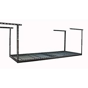 SafeRacks 3×8 Overhead Garage Storage Rack – 500 Pound Weight Capacity Height Adjustable Steel Ceiling-Mounted Rack with Accessories (Hammertone) (12″-21″)