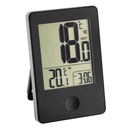 TFA Dostmann Pop Funk-Thermometer, Außen- oder Innentemperatur in Großformat, Anzeige der Uhr,L 60 x B 23 (50) x H 90 mm, Schwarz