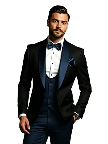 Poliprom Suits for Men Slim Fit 3 Piece Tuxedo Blazer Pants Black Navy Suits for Formal Wedding Prom Party Suit Size S