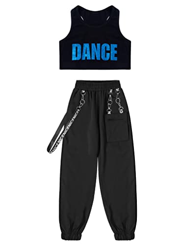 Image of FEESHOW Kids Girls Sports Crop Top with Elastic Waistband Trousers Cargo Pants for Gymnastic Dance Workout Outfit
