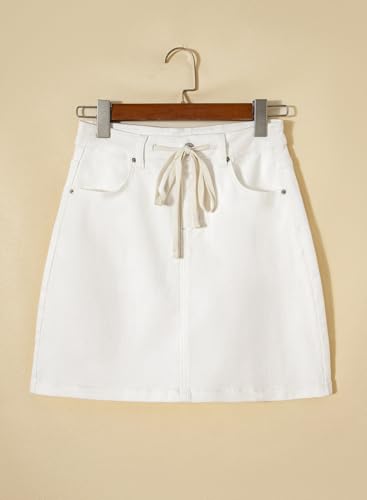 Image of Sidefeel Women's Jean Skirt High Waist Drawstring Stretchy Casual Summer Loose Fit Trendy Mini Denim Skirt with Pockets