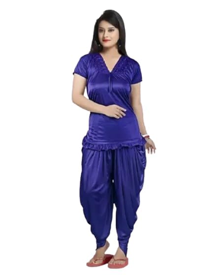 SIRIJI Creation Women's Satin Top and Patiala Nightwear Set, Navy Blue (Black, S)-image-18