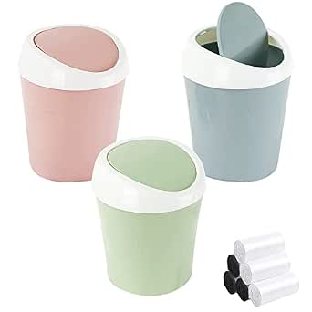 SITAKE Mini Swing Lid Desktop Trash Can, Set of 3 (Blue, Green, Pink)