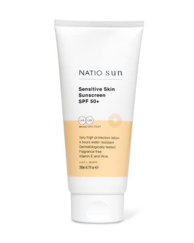 Natio Australia Sensitive Skin Sunscreen SPF 50+ 200ml - Dermatologically Tested & Fragrance Free UVA/UVB Sun Protection Lotion - 4 Hours Water Resistant - Vitamin E & Aloe Vera - Made in Australia
