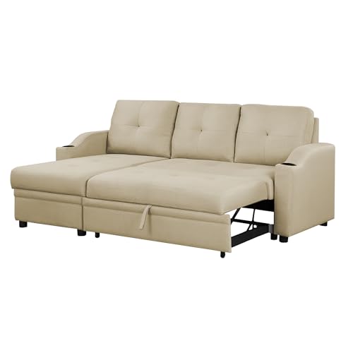 Image of Casaliving Ravonna LHS 4 Seater L Shape Corner Sofa Cum Bed for Living Room (Cream Fabric) Premium Fabric Sofa