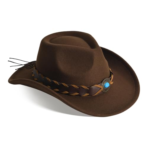 Image of Classic Western Cowboy Hat Cowgirl Hat Unisex Men's & Women's Wide Brim Felt Fedora Hat Flat Top with Buckle Belt