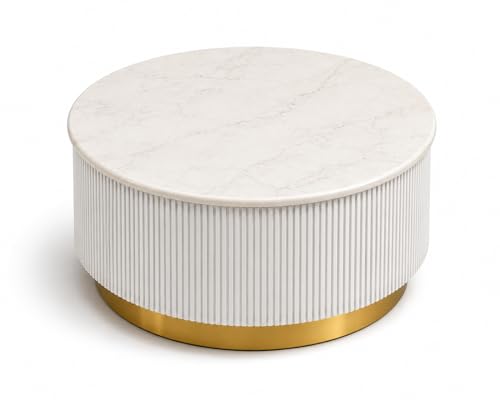 Image of Premium Luxury Marble-Top Wooden Center Table with Louvers & Acrylic Wooden Base | Premium Coffee Table for Living Room & Office (White)